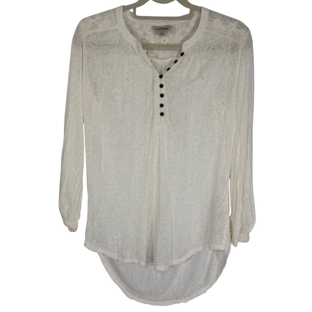 Lucky Brand Top Size S Cream Crochet Inset Button Down Long Sleeve Sheer Blouse